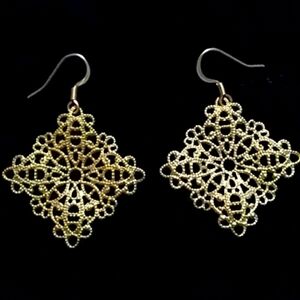 Square Brass Lace Wavy Gold Filigree Earrings Boho Retro Vintage Bohemian Design